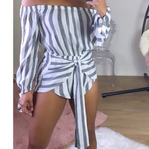 Striped Off-Shoulder Romper with Tie Waist